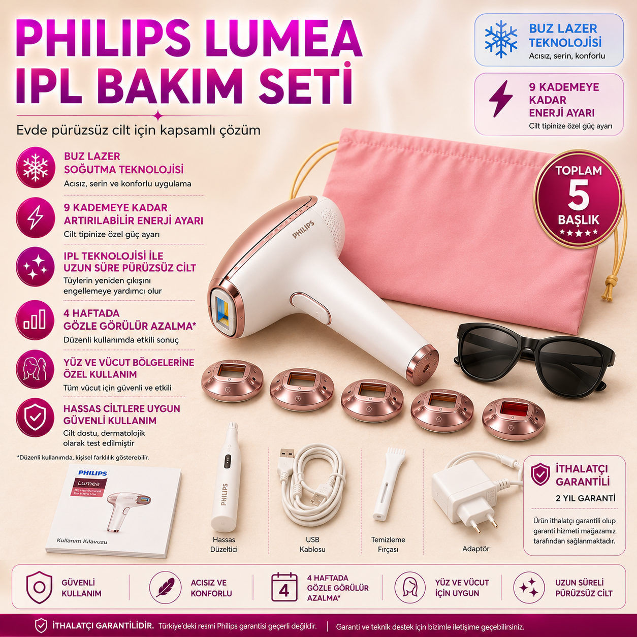 Philips Lumea 5 Başlıklı IPL Hair Removal For Home Use - Burun Kıl Cihazı Hediyeli